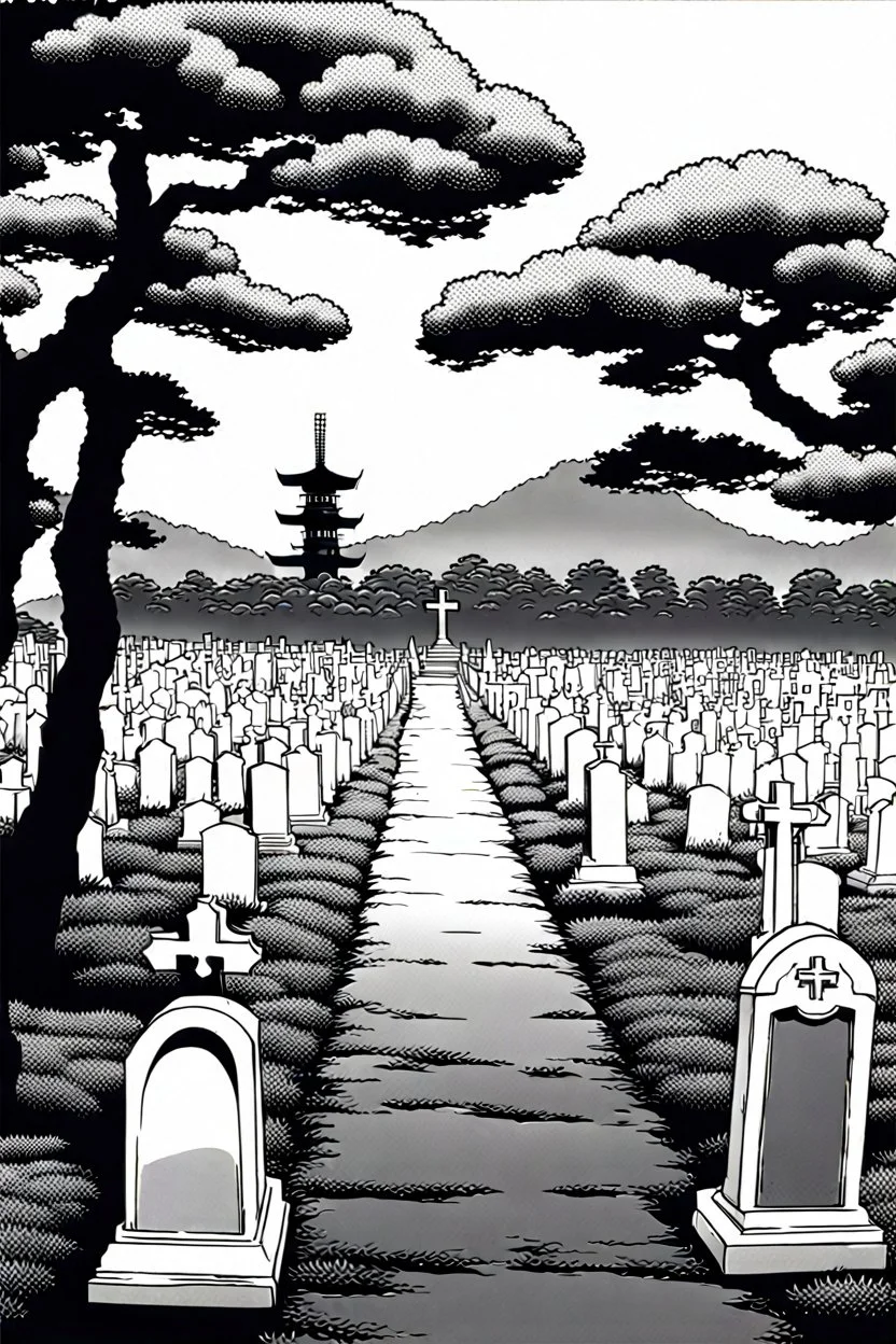 landscape, Japanese open air flat cemetery with thousand gravestones, high detail, manga style, grayscale