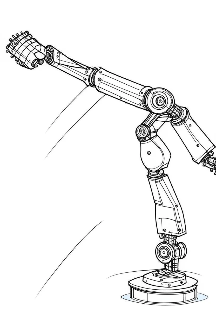 Draw a cover image. What it's about is an elongated flexible robotic arm with flexible joints that are drawing a three-dimensional model. The three-dimensional structure of the robot arm should be filled with color. The background is white.