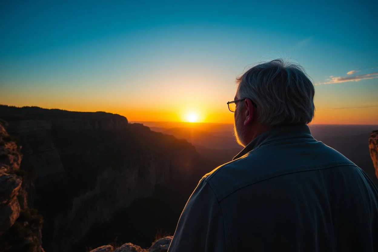 a large man with grey hair views sunset from a cliff