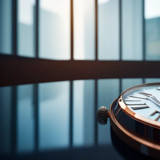 very close up of a very big luxury wrist watch with dark mirror glass stands on table in balcony skyscraper and reflects modern city environment image , to the camera ,centered.