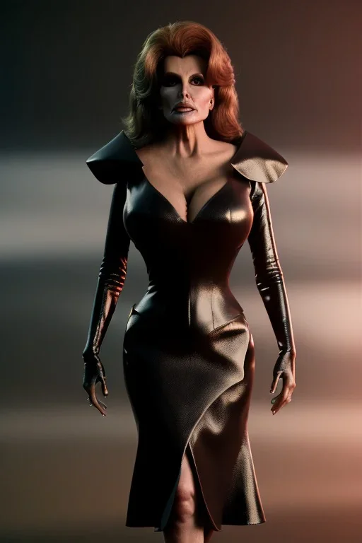 Raquel Welch as evil queen in black leather gown, angry, busty, curvey, cleavage, unreal 5, octane render, cinema4d, dynamic lighting, dramatic lighting, 4k, redshift render, highly detailed, hyper realistic