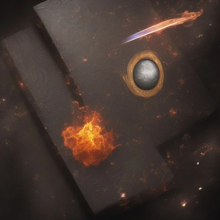 Magic Book shine. Meteorite falling in the background. Damascus steel. Fire. Dark element black.