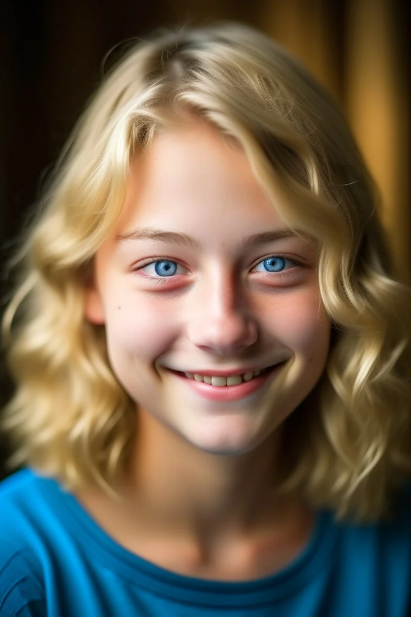 portrait of a 16 year old caucasian woman with blond hair, bob cut wavy hair, water blue eyes, smiling