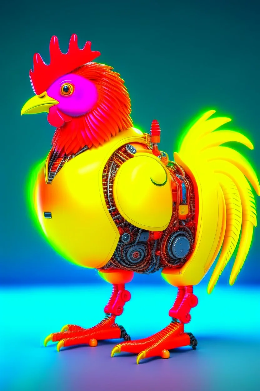 animal CHICKEN robot, sci-fi, cyberpunk, full body, ultra realistic, virtual reality, vibrant, intense, CLEAN PLAIN BACKGROUND, Aspect Ratios: 9:16