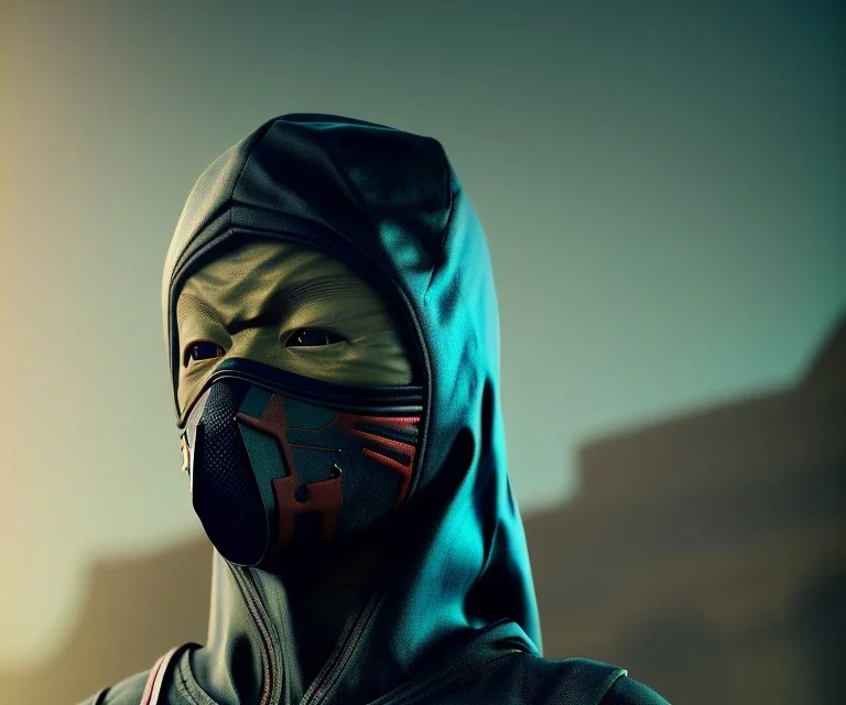 Ninja, mask and hood, highly detailed, hyper-detailed, beautifully color-coded, Cinematic, Color Grading, Editorial Photography, Depth of Field, DOF, Tilt Blur, White Balance, 32k, Super-Resolution, Megapixel, ProPhoto RGB, VR, Half rear Lighting, Backlight