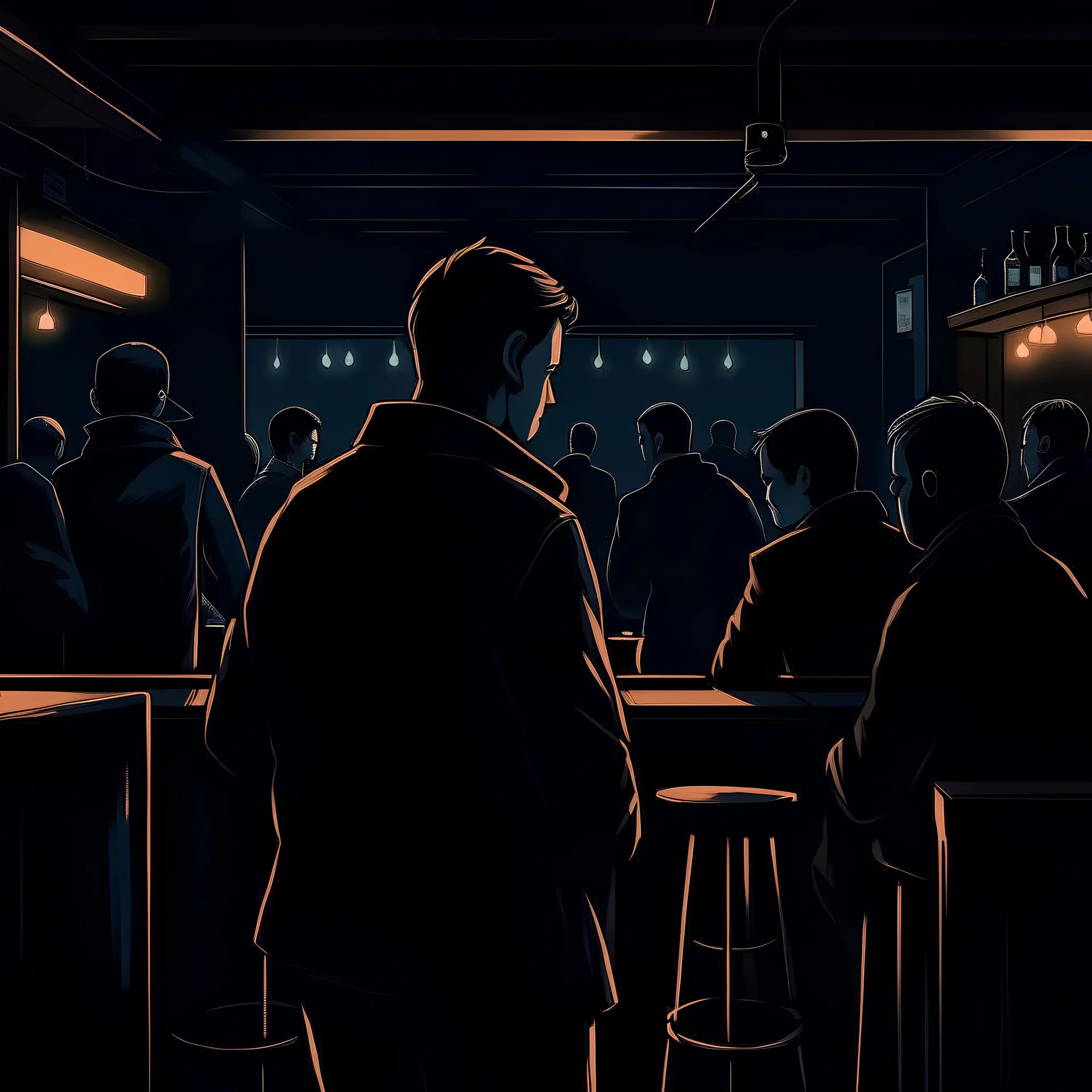 a single figure in a crowded bar at night, dark colors