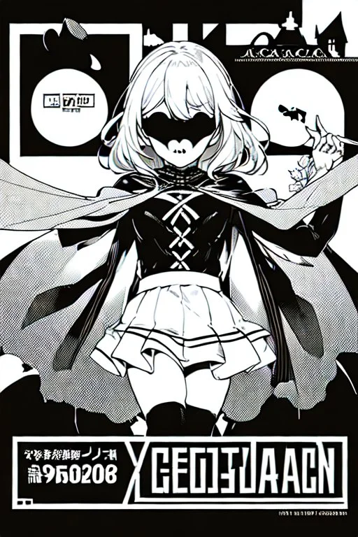 girl with demon mask in the middle of the room, line arts, manga cover, greyscale