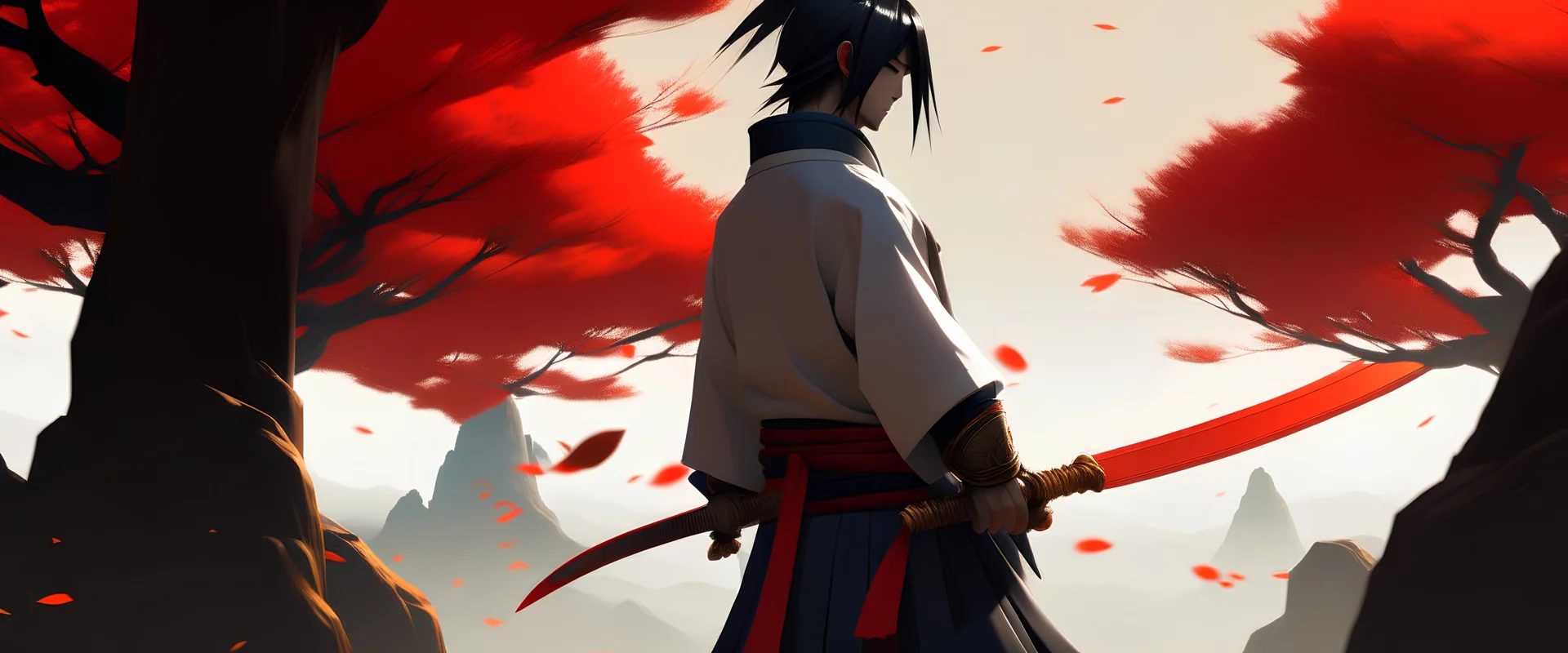 Places the character in the center, with an aura holding the two katanas in the samurai style