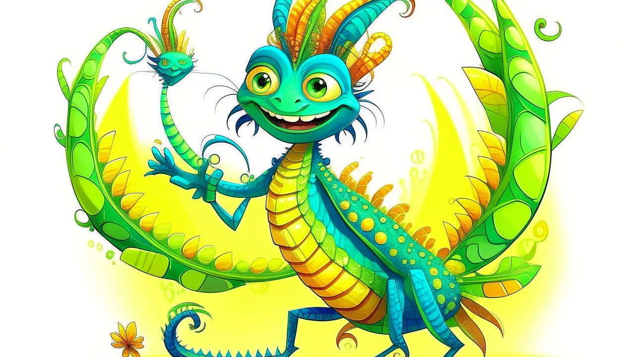 fantasy cartoon style illustration: the grasshopper has a radiant and vibrant carnival costume Rio de Janeiro, made from vibrant snake scales. The grasshopper has 2 hands!