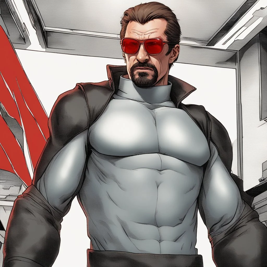 a young man with big muscles who looks like hans gruber wearing a turtleneck and red sunglasses staring with an angry look on his face