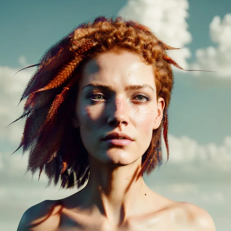 A beautiful portrait of a cyberpunk woman with lot's of grain on her skin red head with natural curly hair flying in the wind cyborg smiling facing camera orange color scheme, high key lighting, volumetric light high details with white stripes and feathers unreal 5, octane render, cinema4d, dynamic lighting, dramatic lighting, 4k, redshift render, highly detailed, hyper realistic