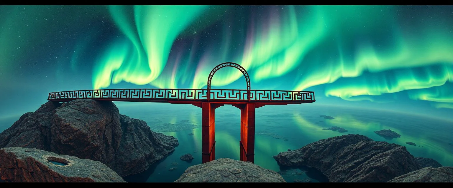 pin hole cam, master oil painting by Rembrandt, realistic rendering Visual: Kaleidoscopic reflections Music: Soulful vocals + electronica pads Aurora: Crystal-glow pulses Skybridge of Echoes Icon: Floating bridge with rune arch Visual: Abyss below, bridges floating Music: Funk bass intensifies, sync with steps Aurora: Arched ribbons, pulsating Celestial Convergence Icon: Cluster of all runes Visual: Cosmic plateau, swirling glyphs Music: Full