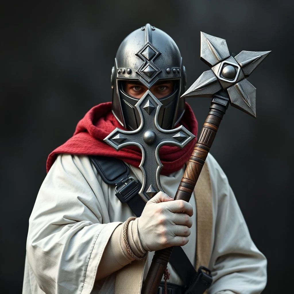 Varican fighter with a hammer shaped like a cross in modern military gear under pastor robes