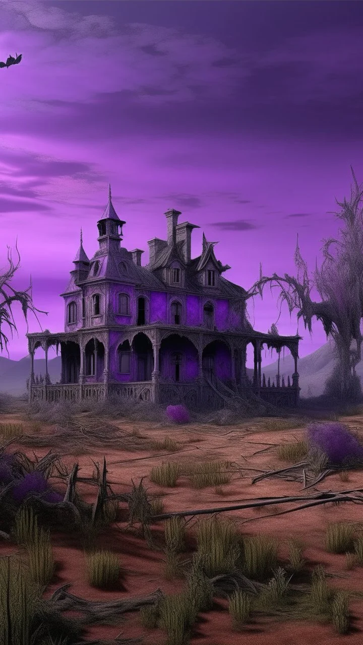 A purple haunted wasteland with a ghostly mansion painted by Leonardo da Vinci