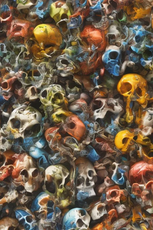 a picture of a dark, comedic, anatomically correct wall of colorful tightly packed skulls of varying sizes and expressions, photo realistic, insanely meticulous, highly detailed, part of a collection of bones on display, 64k, dystopian, vray