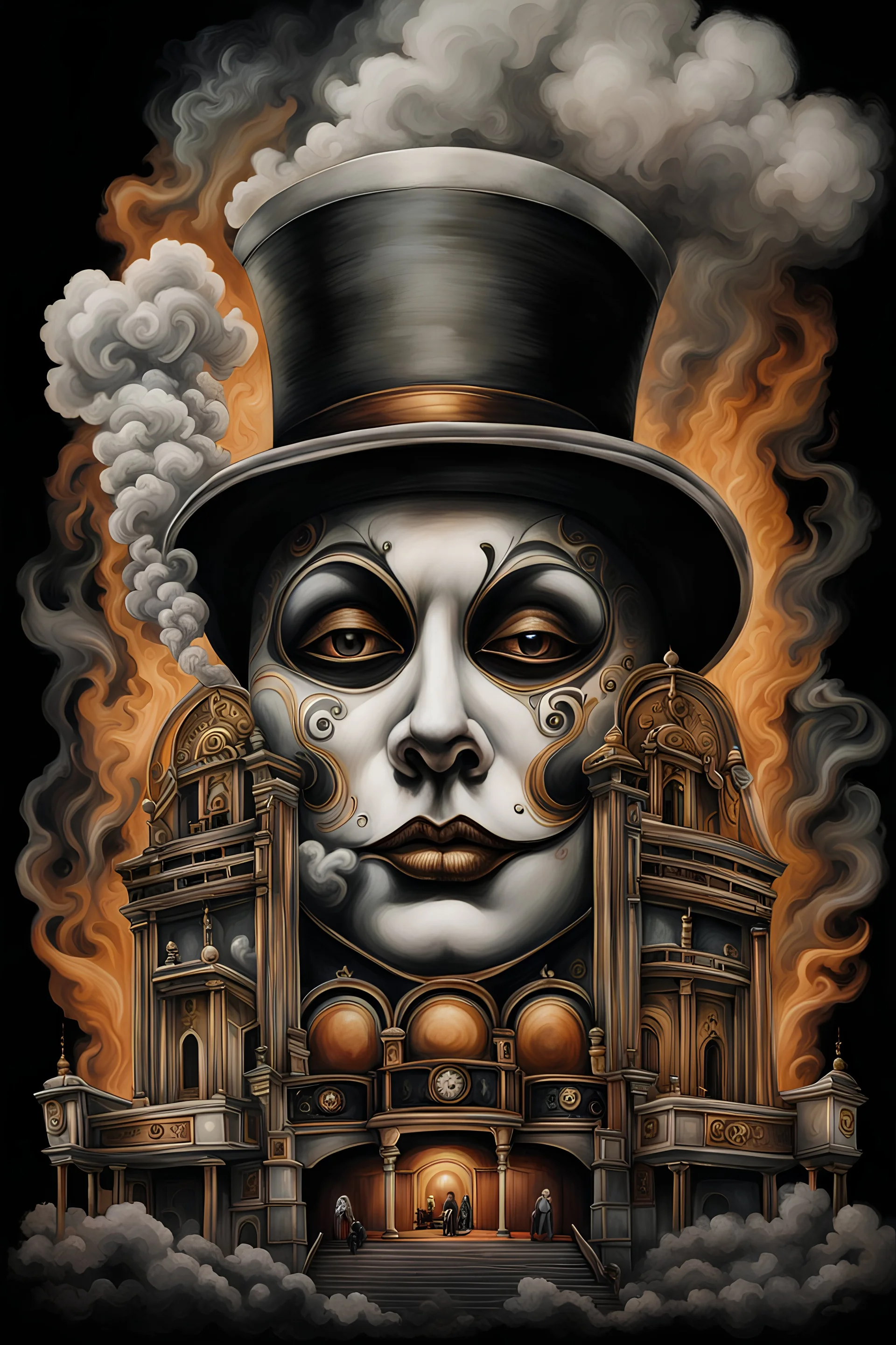 Thick smoke emerging from a theater :: weird surreal art, surrealism, harlequin face, hyperdetailed, 8K, airbrush art, ink drawing, alcohol ink, soft and smoky