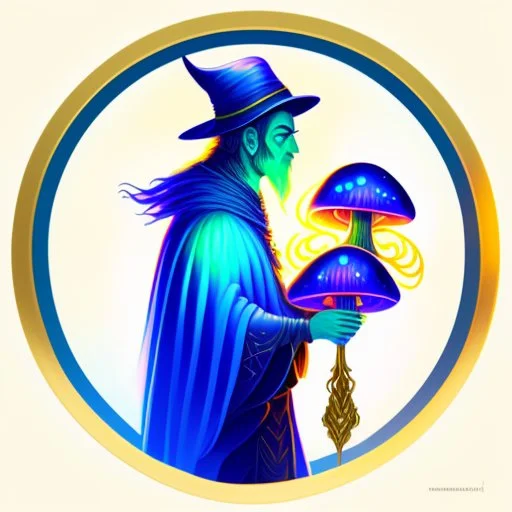 A wizard holding a wand of magical, glowing, other worldly, alien mushrooms. Golden ratio, Digital Painting, Digital Art, Masterpiece, Profile Picture