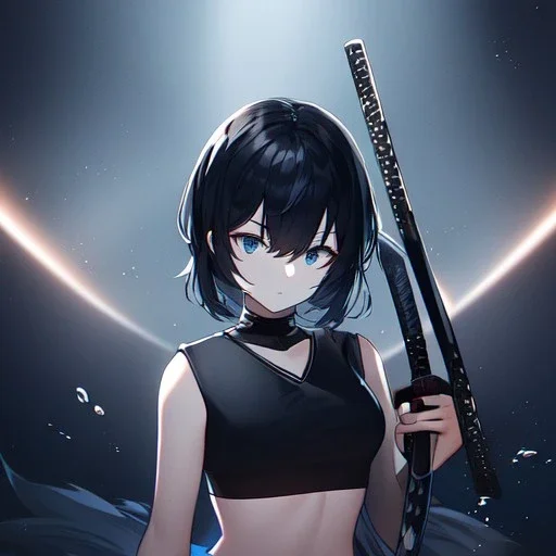 Clear focus,High resolution, black short fluffy hair, long fluffy bangs, and dark blue eyes, Depressed girl, wearing a black short shirt with a black sleeveless crop top, dark aura, controlling water, in a black room, holding a katana