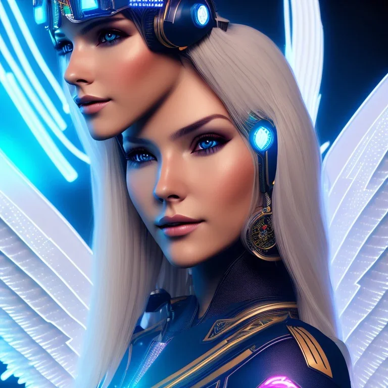 A beautiful portrait of a cute smiling cyberpunk woman with wings, long blond haire, high key lighting, volumetric light high details with white stripes and feathers and blue celtic paterns and luminous glasses in a starry background