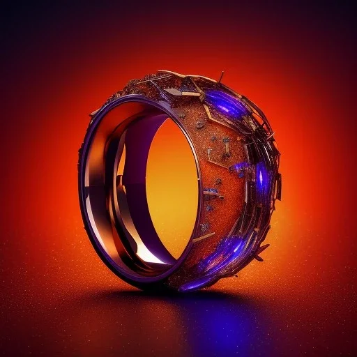 Ring made by wood roots and shreds of glass, orange diamonds sparkles, red rubi fragments around, blue lights reflexes, complex structure, gold details, intricate ring pattern,Unreal Engine 5, macro lens,sharp focus, photorealistic, hyper detailed, studio lighting, neon light ambient, cinematic