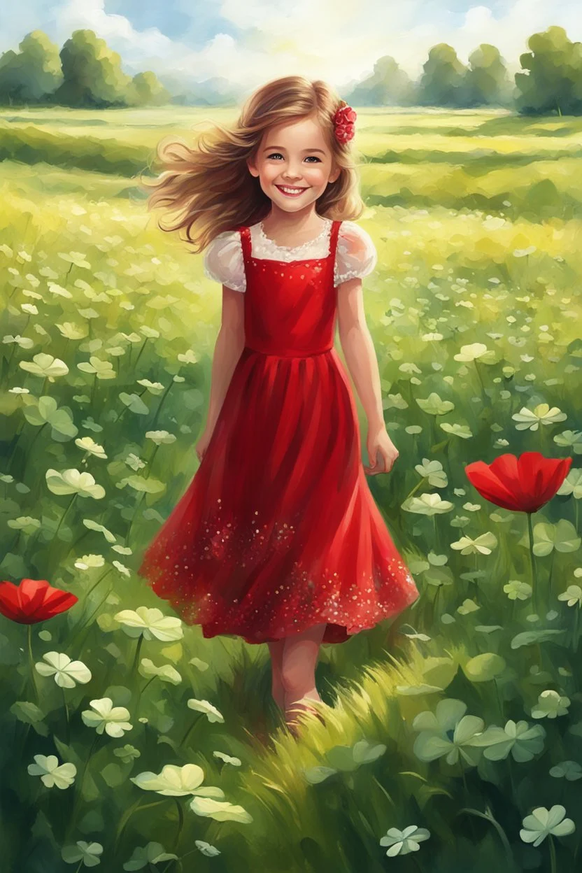 Adorable digital painting of a beautiful little girl in a gorgeous red dress smiling in a field surrounded by clover, high quality