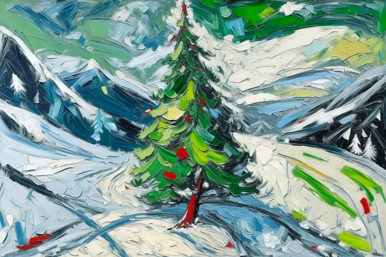 Christmas tree on a snow covered mountainside in the style of Frank Auerbach