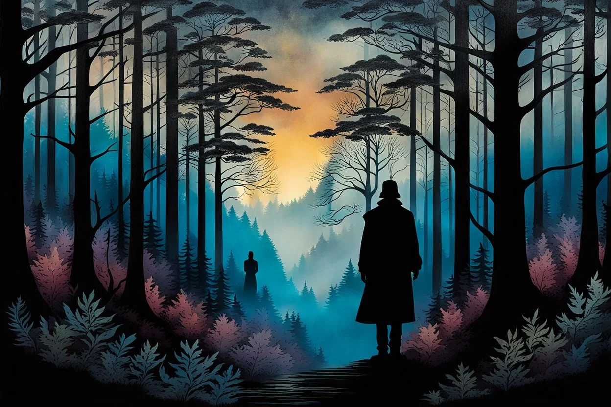 a backdrop of dusk a solitary figure silhouette of a person, is depicted, moving away from the viewer into a dense forest in a misty landscape, hinting at the need for secrecy and seclusion. The colors could be muted, evoking a sense of mystery and suspense. deep colors, harmonic stunning colors transition, black ink, mystic, surreal style, detalied, high textures, alone mood