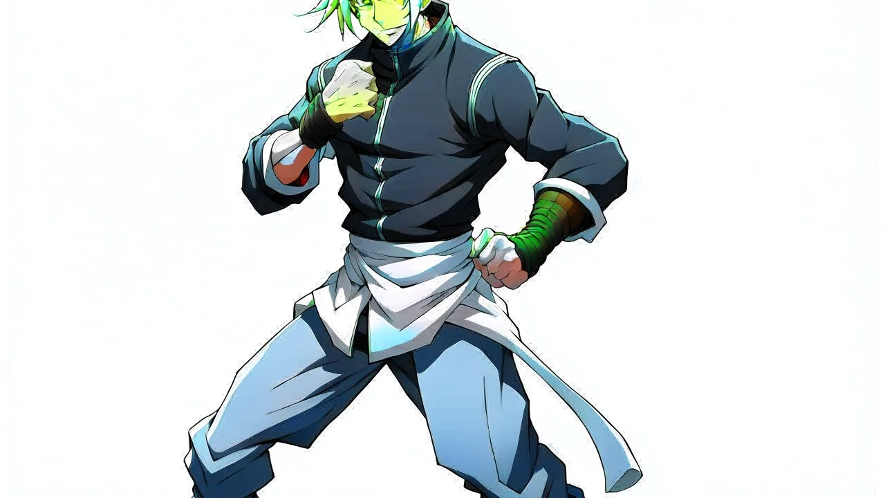 Satoru Gojo is a young guy white hair blue eyes black turtleneck without arms white loose pants in a defensive pose