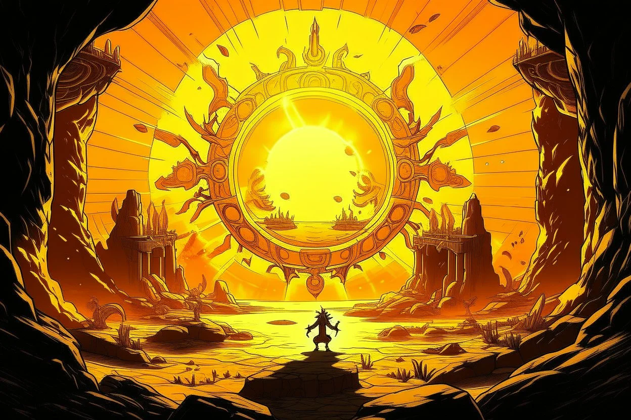 A yellow light realm kingdom with a sun designed in cave paintings