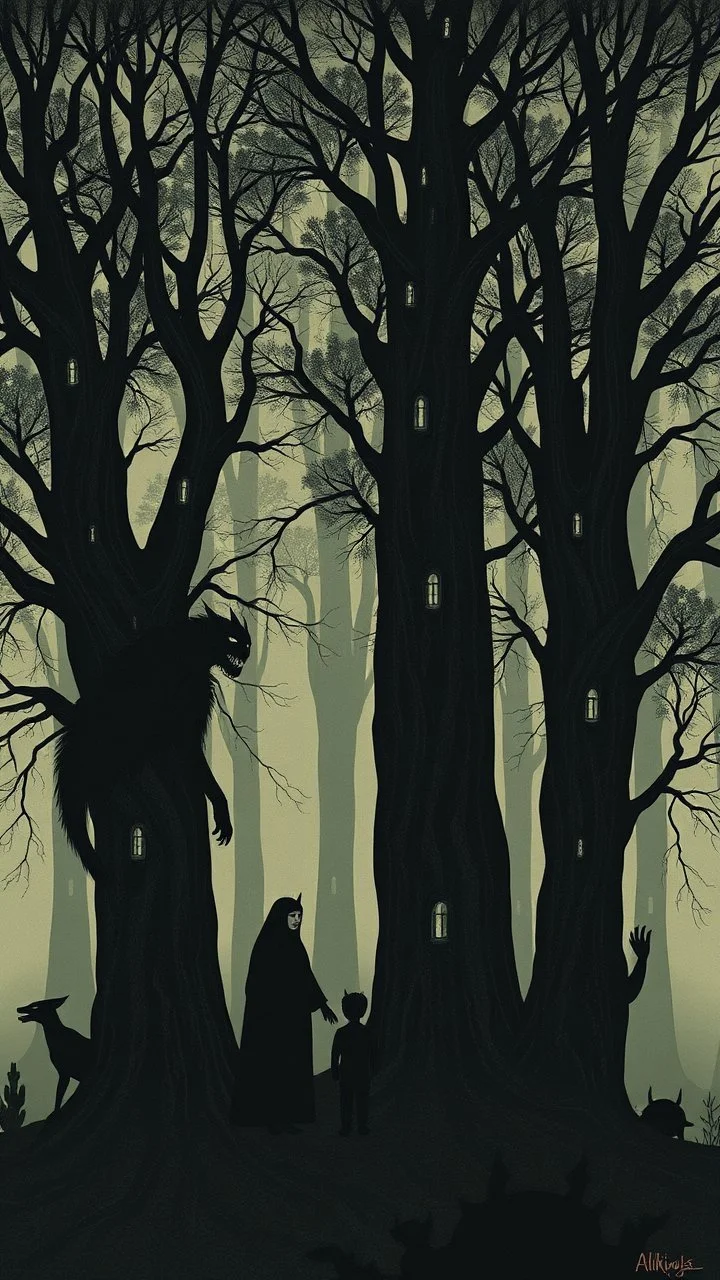 trees and black creatures with human figures