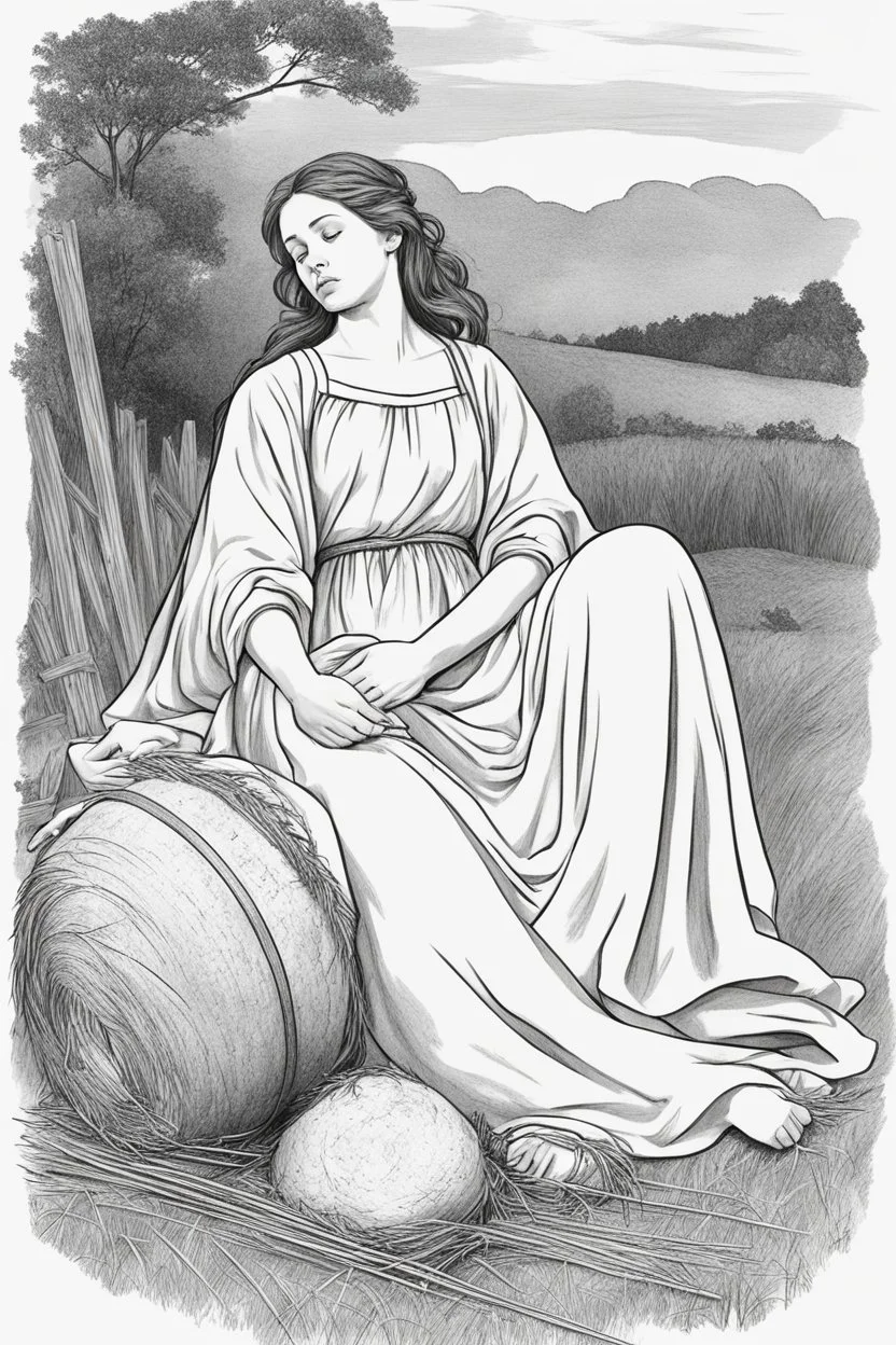 bible Realistic Beautiful Natural Ruth laying on the hay sleeping full body picture Black and white Coloring page