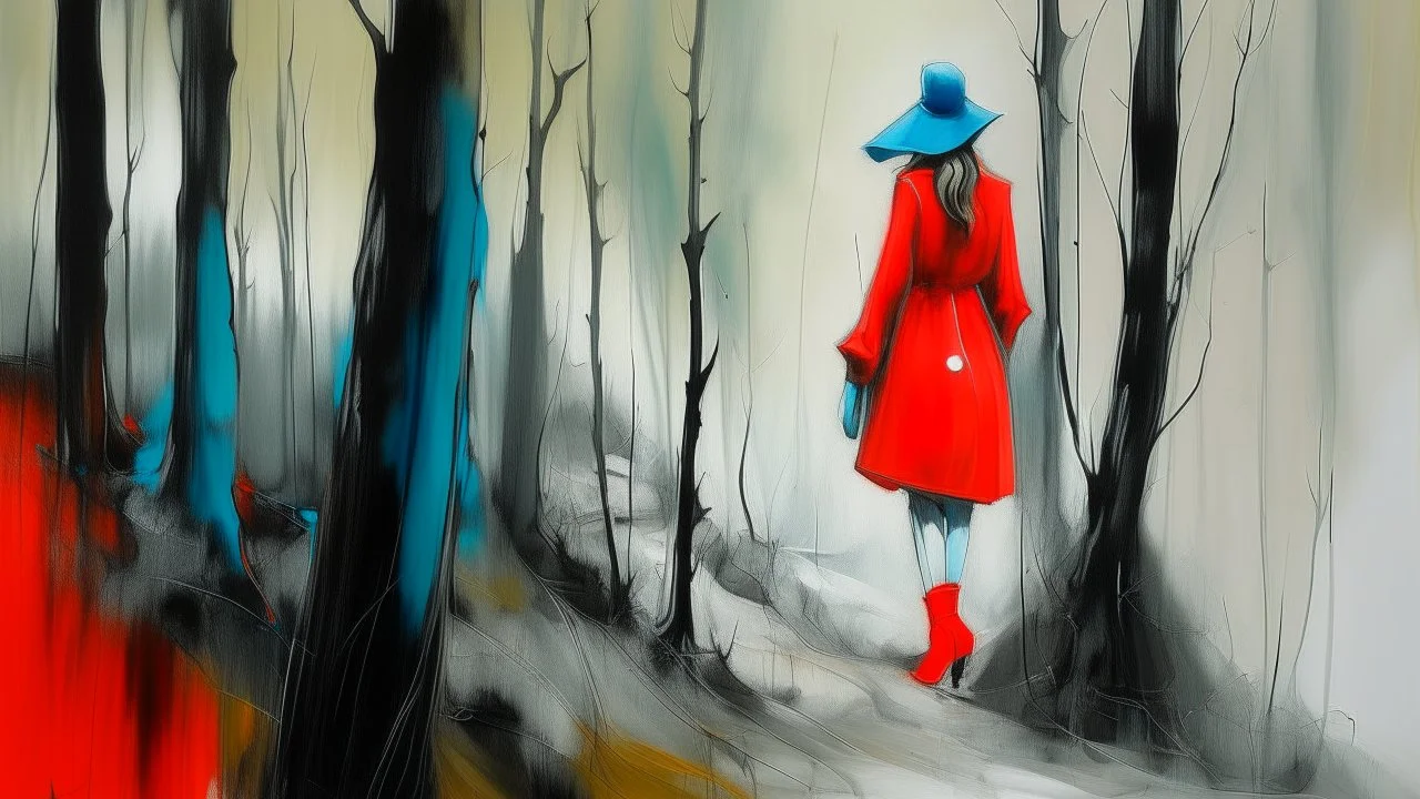 abstract painting, the lady of the forest with blue eyes in red boots on a foggy morning walk use flat bright colors displayed art, Charcoal, Ink, refugees, conformity, Analogue film photo, 1950s, candid, retro analog, 35mm film, film grain, very dark focused flash photo,