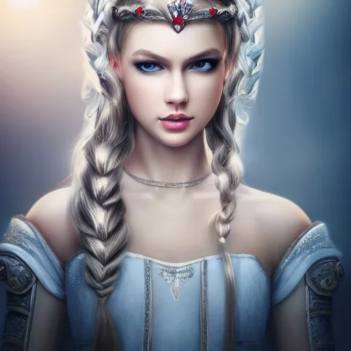 beautiful young queen with white armor, illustration, delicate white braided hair with ponytail, glass eyes, highly detailed, 8k, ambient light, taylor swift