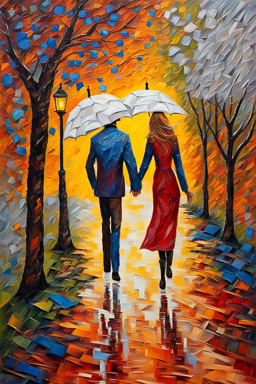 Couple walk on romantic-impressionism expressionist style oil painting,-impressionist impasto acrylic painting, thick layers of silver textured paint,ultra reality,bright colors,8k,thick white paint,silver and white,