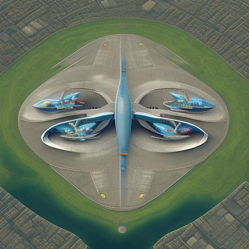 Vista aérea simétrica de un aeropuerto en forma de mariposa, espectacular, impactante, calidad ultra, maximalista, 8k 3D