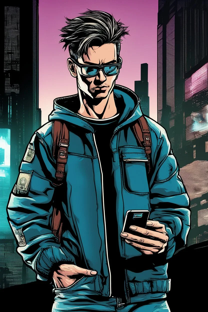 man, cyberpunk, holding a cellphone, comic book art style, geek, engineer, t-shirt, jeans, drug addict, hoodie