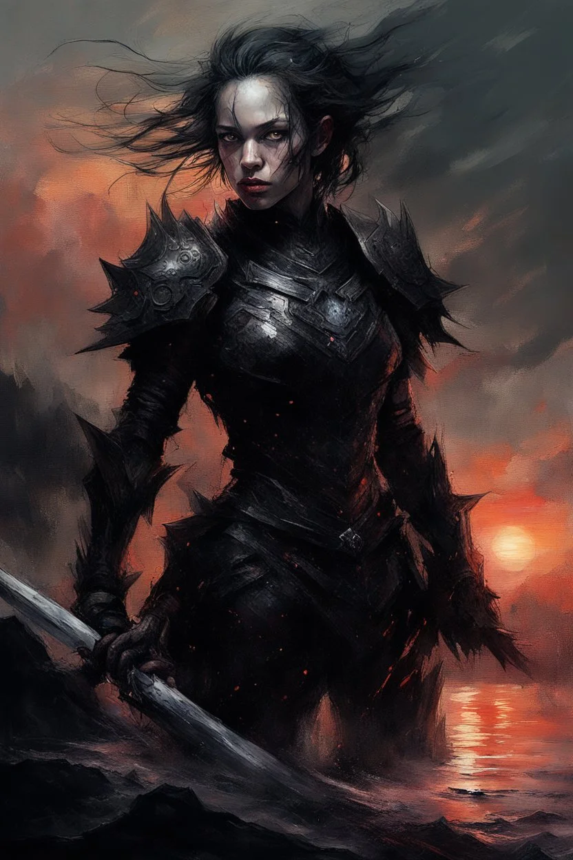 A formidable warrior girl in black armor, against monster, against the background of an amazing gloomy landscape flooded with sunset, mountains, trees, a fabulous scary hero, juicy emotions, painting, gloomy fantasy, gloomy day, dark world, portrait, oil and graphite, wide strokes, a weaving frame around, by Ryohei Hase, Agnes Cecile, Raymond Swanland, Anne Bachelier