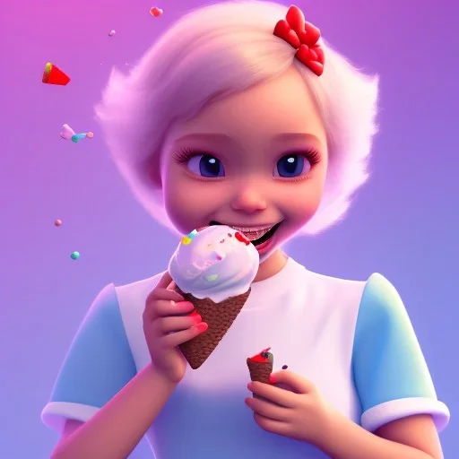 cute, adorable, smiling girl eating ice cream, candies flying all around her, Pixar, disney, cinema lighting, gaming, 8k, magic, love --q 1 --v 4