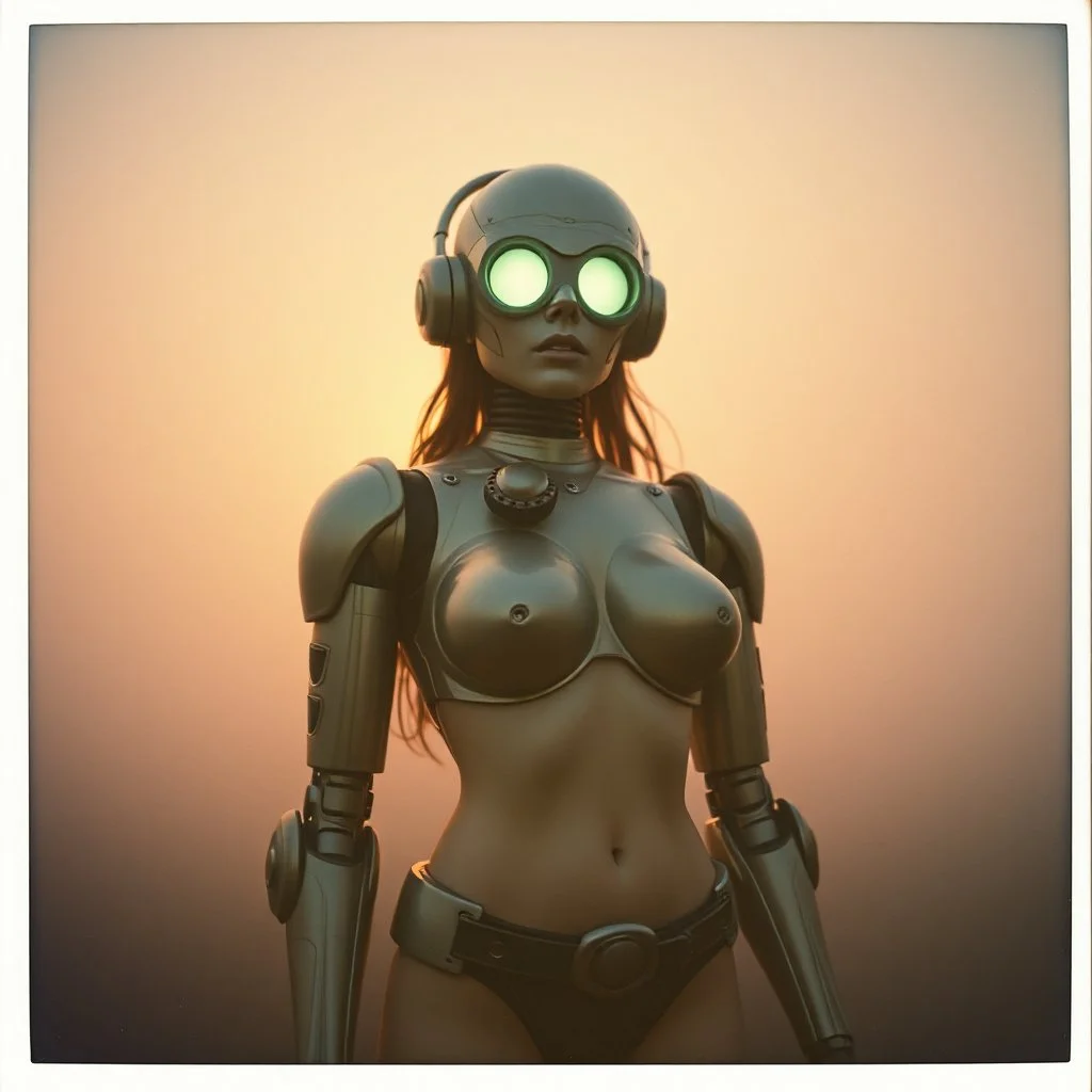 steampunk, vintage analog polaroid of a woman robot, sexy female body, fog, lomography, heavy film grain, sunset, color bleed, depth of field, bokeh, retro,