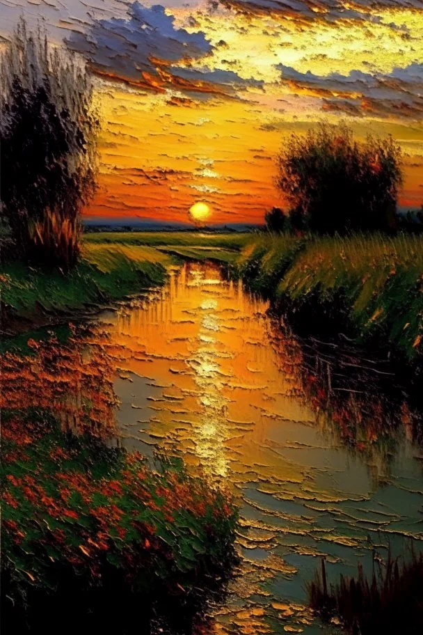 Landscape oil painting, detailed Claude Monet, detailed, sunset