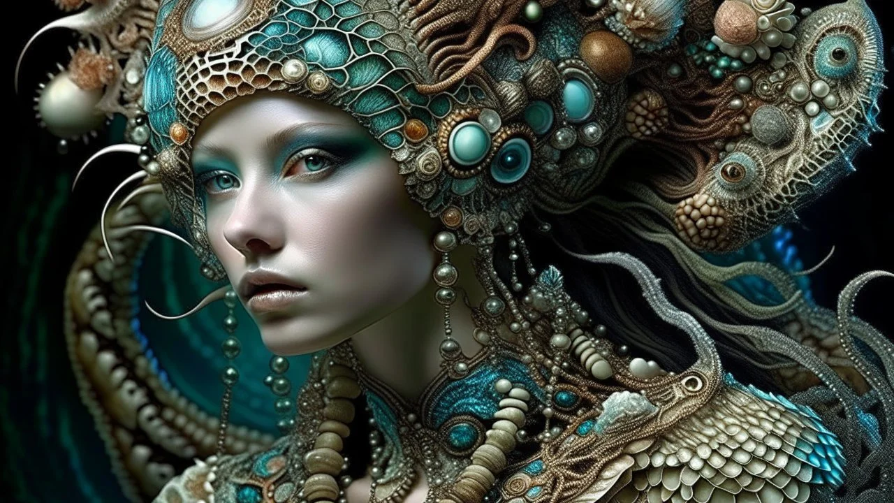 Beautiful young faced meemaid bioluminescense cyber punk shamanism filigree lace embossed sea shell and sea creatures ornate costume, adorned gothica decadent sea creatures, sea snail Shell coralls headdress and ribbed with coralls flower and seapearls costume organic bio spinal ribbed detail of under water gothica floral sea shell embossed extremely detailed voidcore shamanism style maximálist hyperrealistic uder water sea concept árt portrait