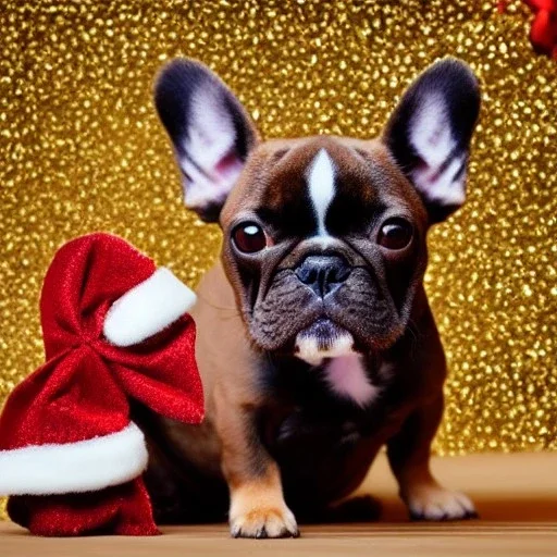 Portrait of a cute little french bulldog with brown fur celebrating new year and christmas