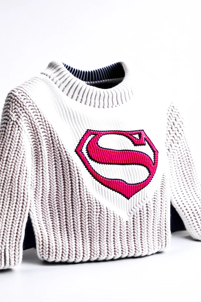 Superman's Balenciaga sweater Winter elegant inspired by Superman's Big emblem design white tones with dual color on a white background, product catalog photography, soft spot lighting, depth of field, 4k –ar 3:5 –q 2