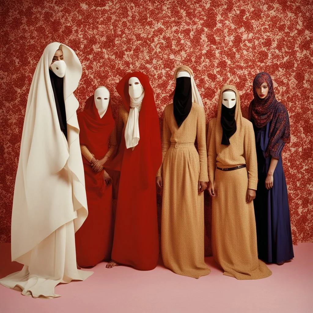 A fashion photography of a group wearing traditional Middle Eastern , no face in a white studio with a red scarf around the head and a long skirt, posing for Vogue magazine in the style of James Bidgood photographed in the style of Tim Walker. --ar 101:128 --v 6. 0