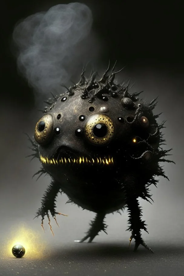 Solid spherical creature, four black eyes, very small mouth, lighting body, The creature is iron, without dots, wearing worrier shoes, smoke from the head, high details, stunning realistic photograph