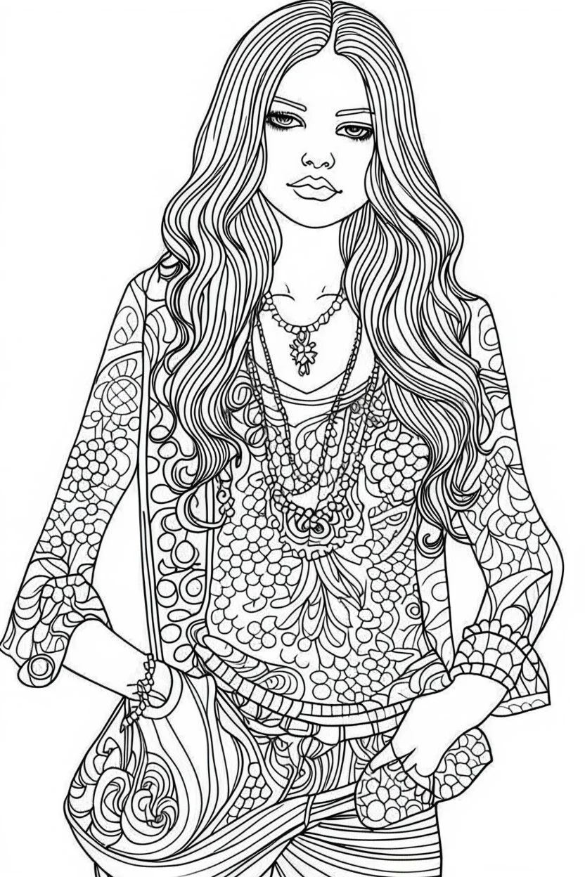 Outline art for coloring page OF 1960'S HIPPIE WOMEN'S BLOUSE, coloring page, white background, Sketch style, only use outline, clean line art, white background, no shadows, no shading, no color, clear