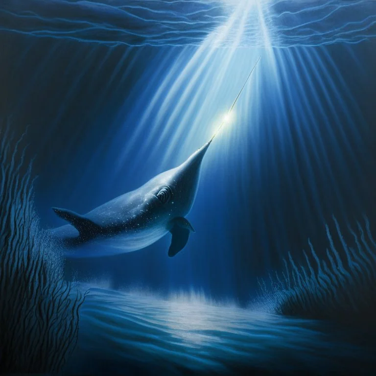 A dramatic, chiaroscuro-style acrylic painting of a powerful narwhal hunting its prey in the depths of the ocean, with stark contrasts between light and shadow to emphasize the intensity and raw beauty of the scene