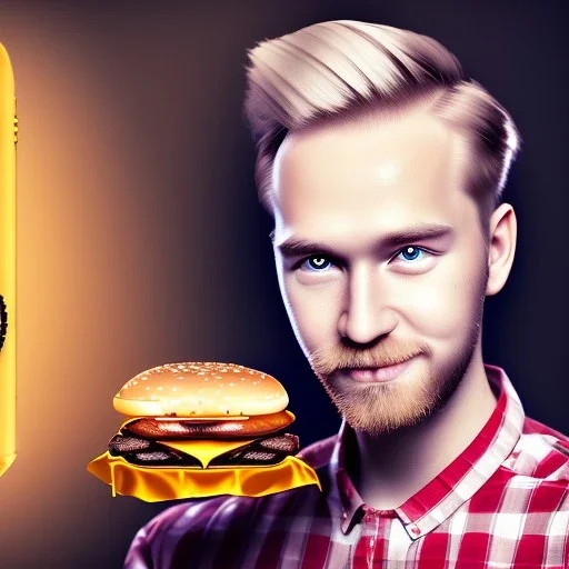  portrait of blond pewdiepie with head band and golden watch, behind him another chef in front blurred dark wooden wall, tasty commercial burger, shiny fork and knifes on dinner table with cloth, fantasy art book cover