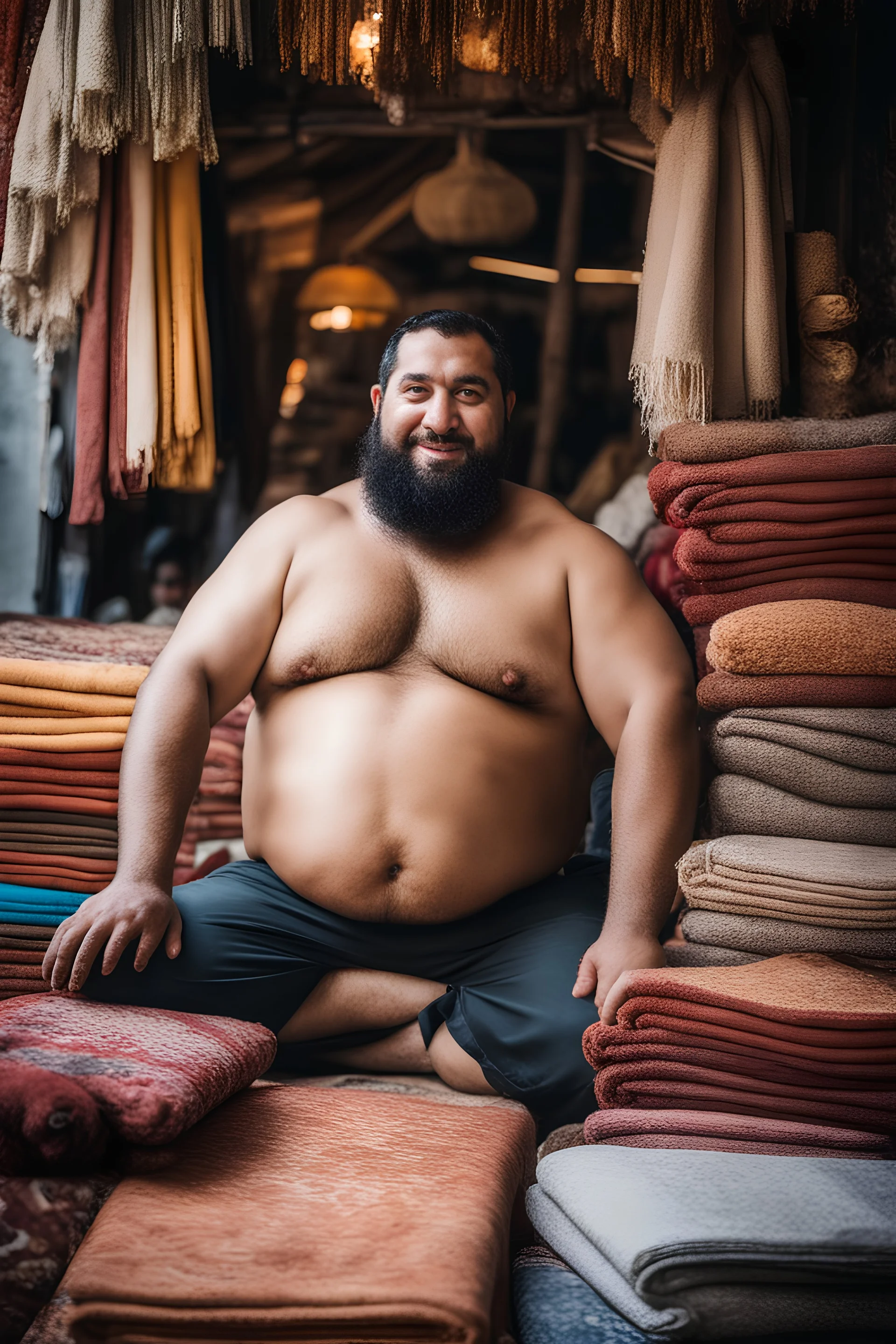 close up photography of a burly chubby strong 35-year-old arab in Istanbul bazaar, shirtless, selling carpets sitting on a pile of carpets, biig shoulders, manly chest, very hairy, side light, view from the ground