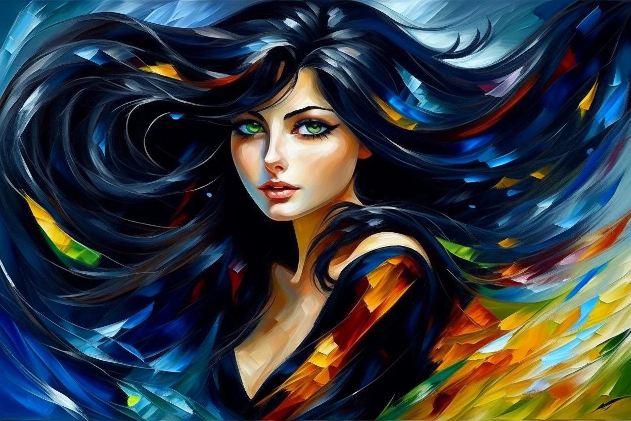 an irresistibly adorable image of a whimsical brunette woman creature with black hair and hazel eyes. Envision a charming being with fluffy, onyx-colored fur or hair that frames its endearing face. in the blowing wind Leonid Afremov